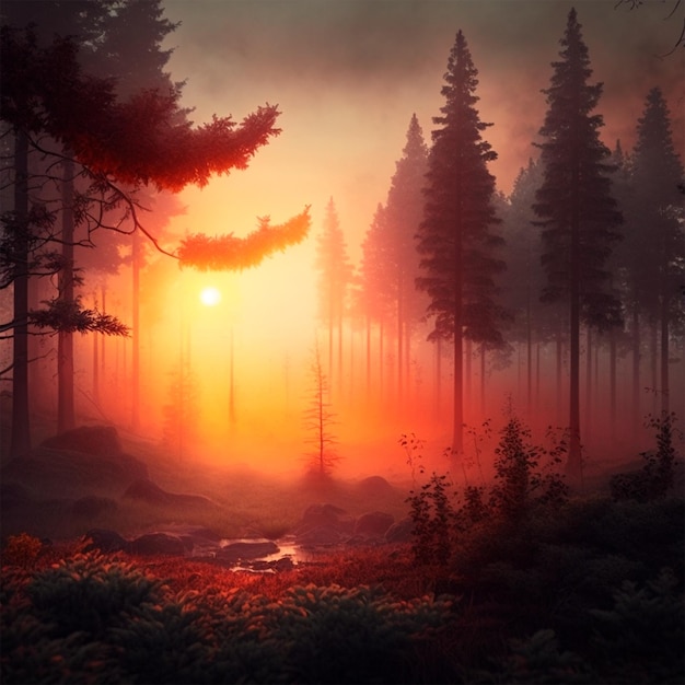 Forest sunset or sunrise landscape background