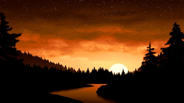 Forest sunset with river illustration