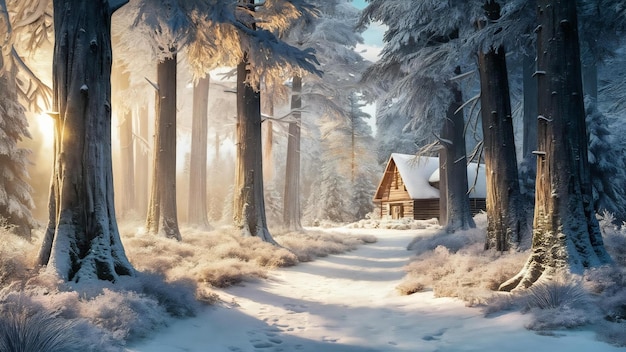 Forest surrounded by trees covered in the snow under the sunlight in winter