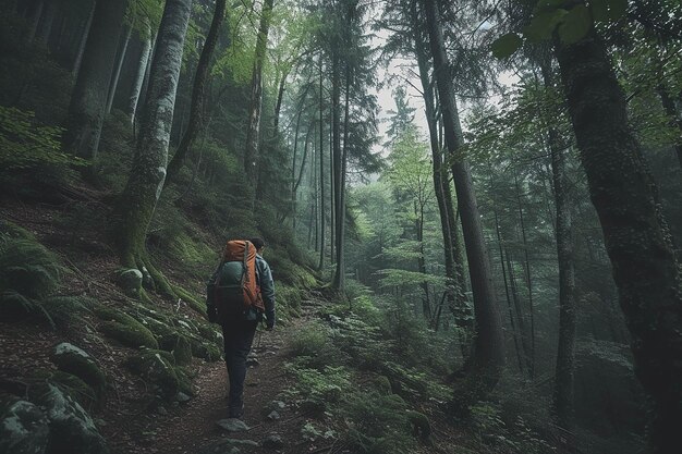 a forest trail with a backpack on it and a forest in the background