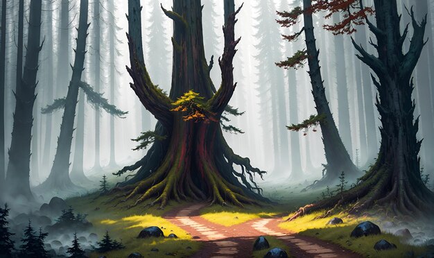 Forest trail with tall trees fantasy magical fairy tale game art scene High Quality Generative AI Post Processed