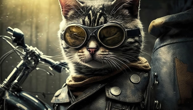 forest traveler cat background with glasses and bike generative ai