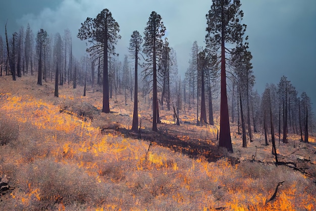 Forest tree devoured by flames of wildfire natural disaster