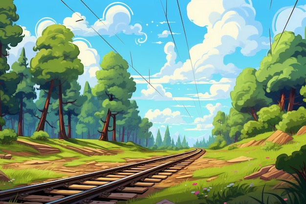 Forest Trees Along a Railroad on a Summer Day Generative Ai