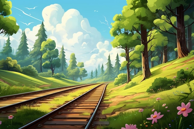 Лесные деревья вдоль железной дороги в летний день