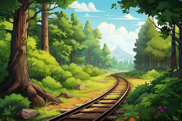 夏の日に鉄道に沿った森の木 Generative Ai