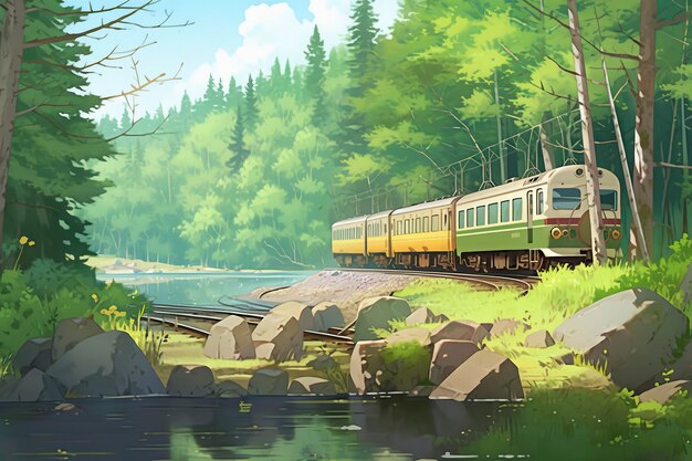 Forest trees and river railroad on spring afternoon Train tracks travel concept AI Generative