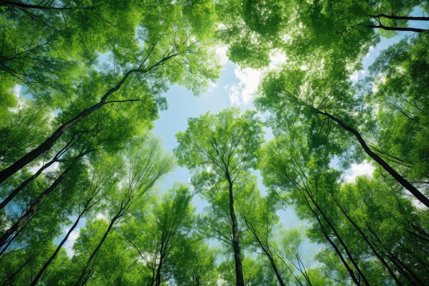 Forest trees view from below into the sky nature green wood sunlight backgrounds