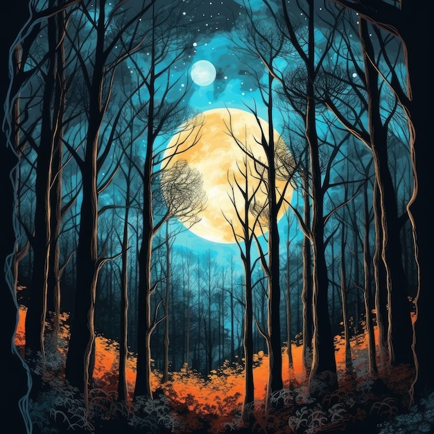 Вид на лес на фоне полной луны