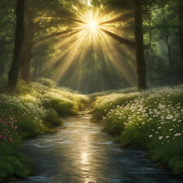 Photo forest wallpaper river and sun rays