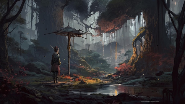 Forest Wanderer Zeer gedetailleerde 4K-conceptkunst, geïnspireerd door de emotionele fantasiekunst van Andreas Rocha en Silvain Sarrailh