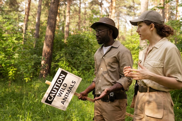 Forest warden holding warning sign side view