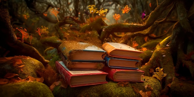 Forest where books grow on trees and their pages are made of leaves that rustle in the windGenerative AI