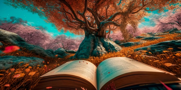 Forest where books grow on trees and their pages are made of leaves that rustle in the windGenerative AI