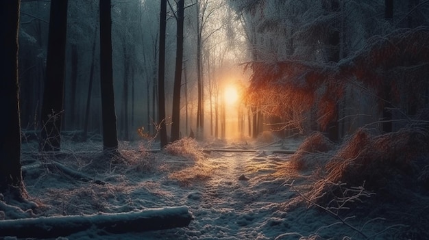 Forest in winter with a sunset Generative Ai