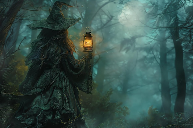 Photo forest witch carrying a lantern fantasy