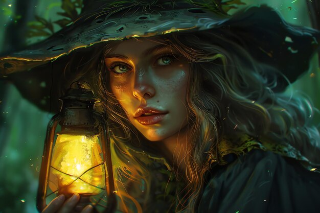 Photo forest witch carrying a lantern fantasy