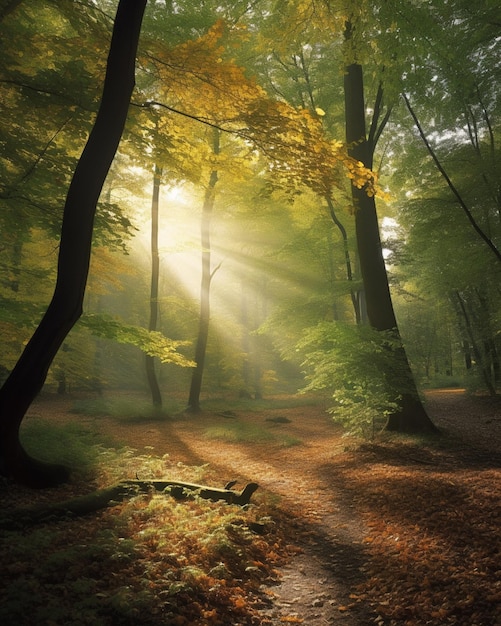 A forest with a bench and the sun shining through the trees