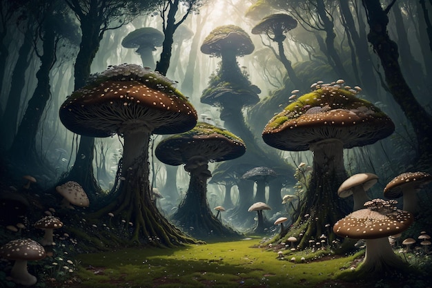 A forest with big mushrooms