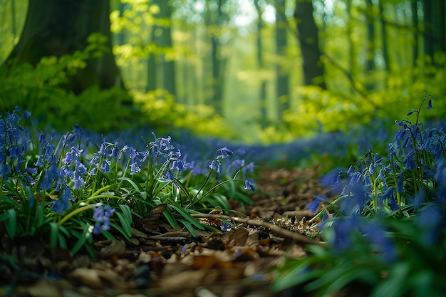 a forest with blue flowers and a tree trunk in the background