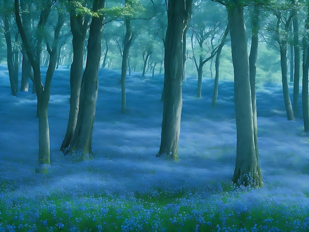 Photo a forest with blue flowers