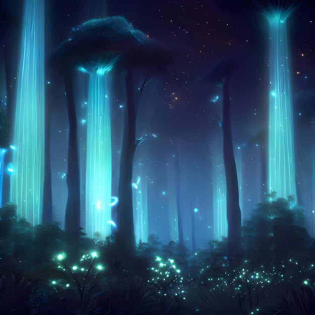 A forest with a blue glow in the dark