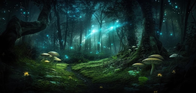 A forest with a blue glowing firefly in the middle