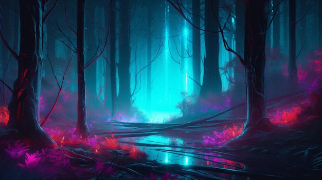 A forest with a blue light and a purple light.