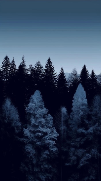 A forest with a blue sky and a snowy scene.