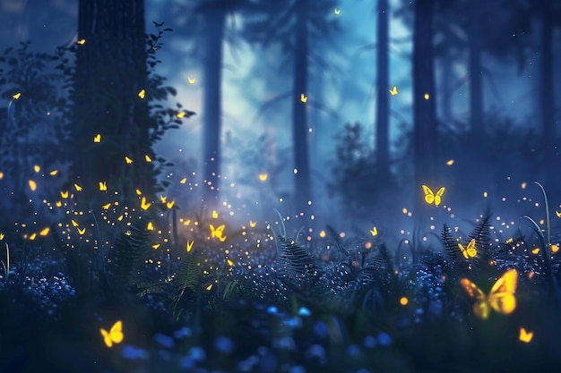 a forest with butterflies in the forest