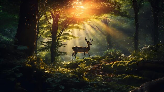 Foto la foresta con un cervo nella foresta