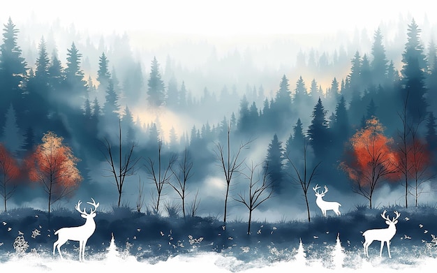 a forest with a deer and a red maple tree in the background