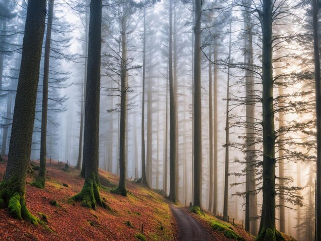 a forest with a dirt road and a dirt path