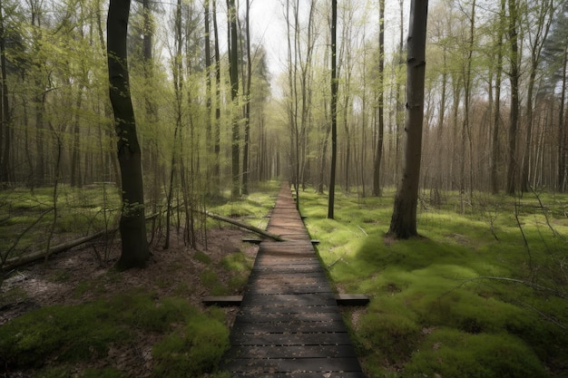Forest with duckboards path and towering trees