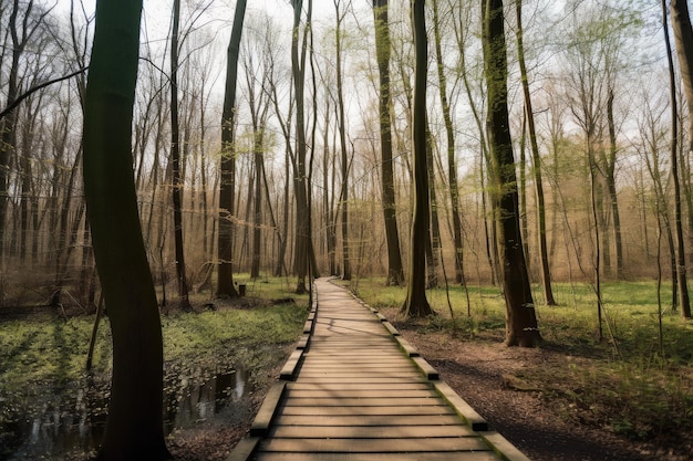 Forest with duckboards path and towering trees