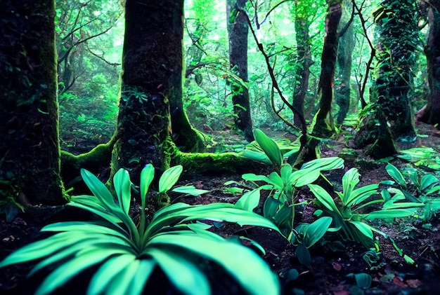 a forest with ferns and ferns in the background.