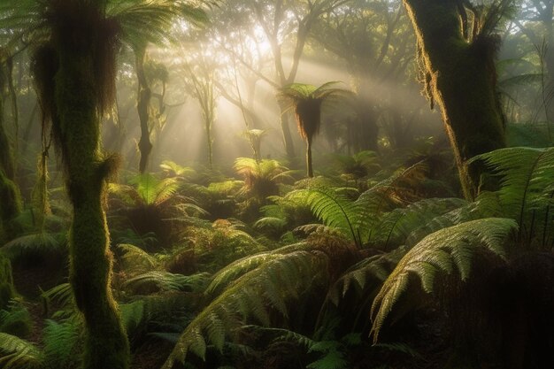 A forest with ferns and ferns in the sunlight