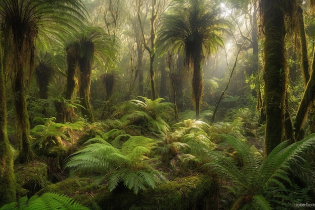 A forest with ferns and trees in the mist