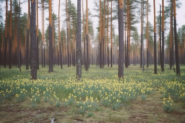 A forest with a field of daffodils in the foreground and a foggy sky in the background.