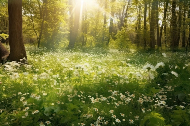 A forest with a field of white flowers and a sunburst in the background