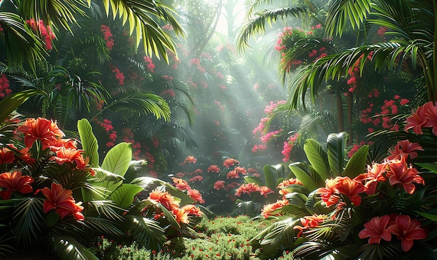 a forest with flowers and plants and a sun shining through the leaves