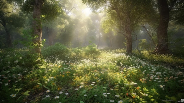 A forest with flowers and a sunburst