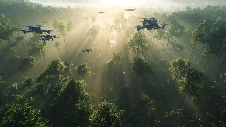 a forest with flying birds flying over it