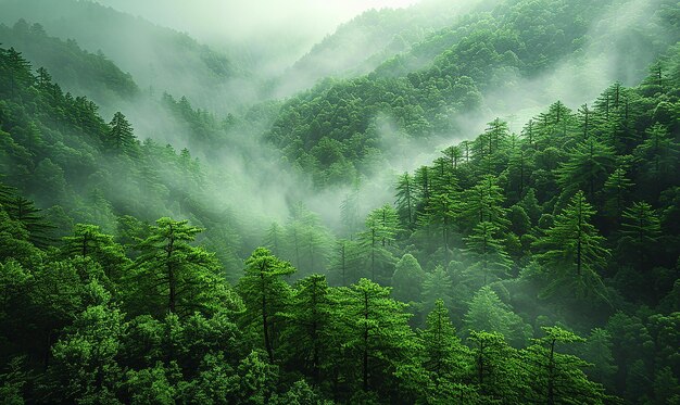 背景の霧と木の森