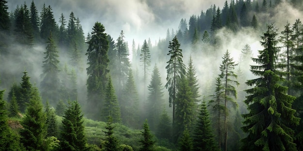 a forest with fog and trees in the background