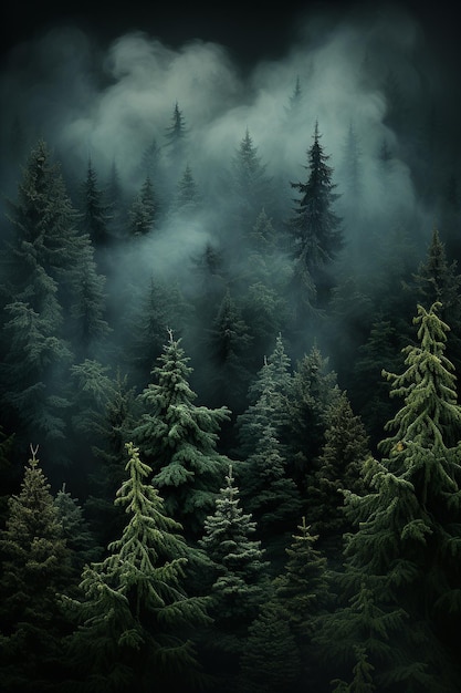 a forest with fog and trees in the background