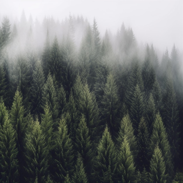 Foto una foresta con uno sfondo nebbioso e una foresta con alberi in primo piano.