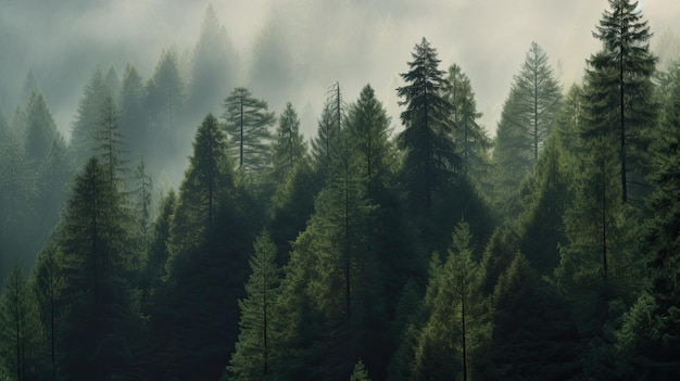 A forest with a foggy background and a tree in the foreground.