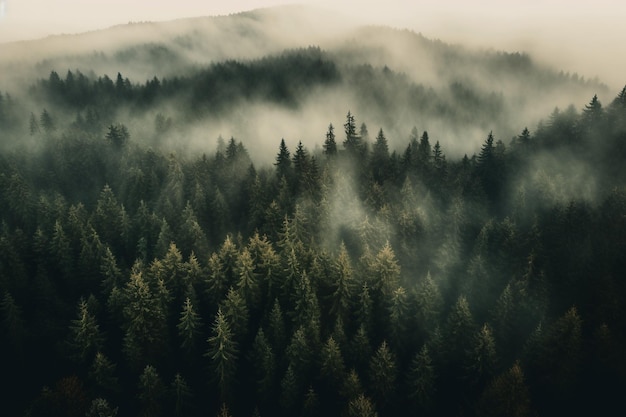 A forest with a foggy background