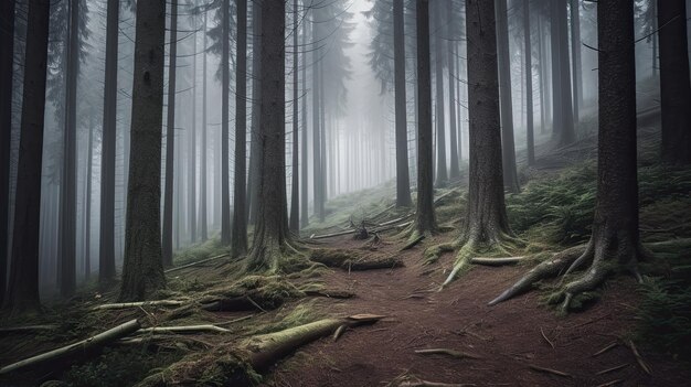 A forest with a foggy path and trees